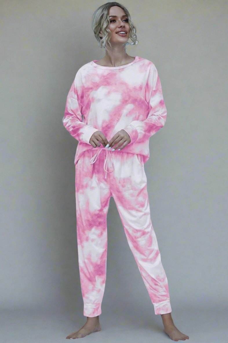 Tie-Dye Round Neck Top and Pants Lounge Set