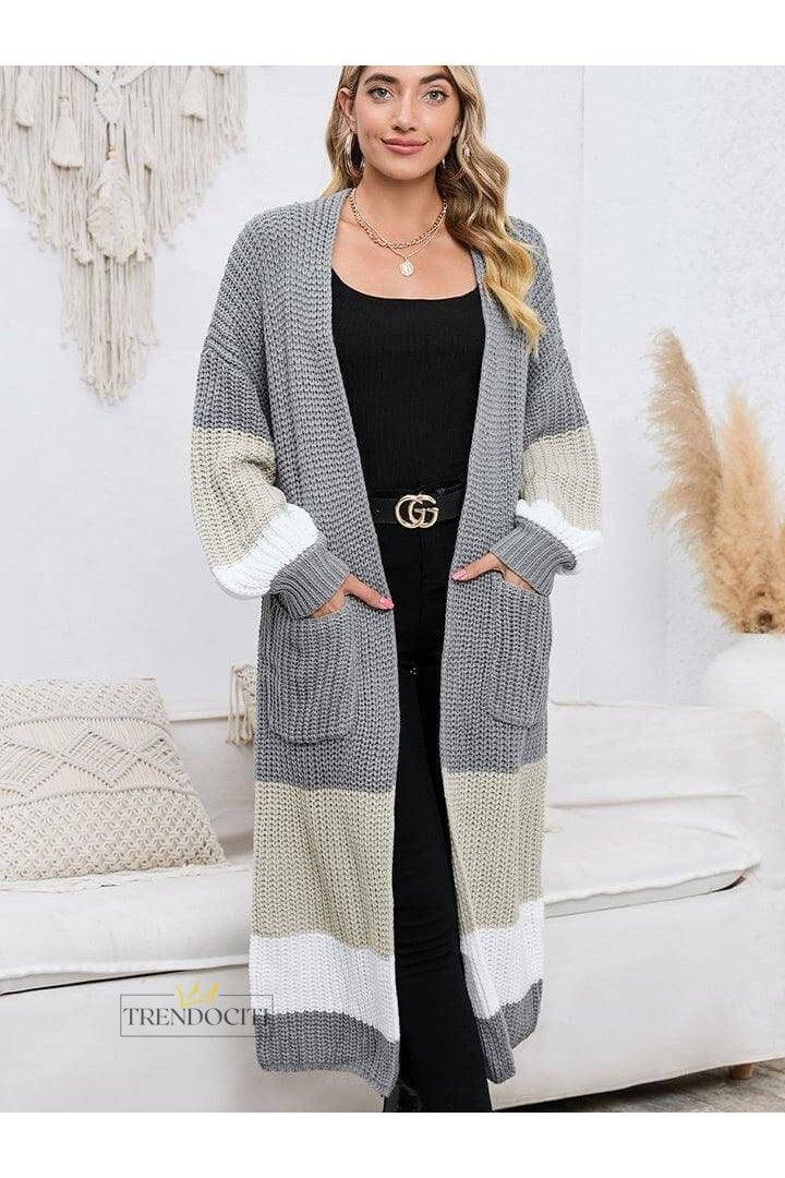 Color Block Long Sleeve Pocketed Cardigan - Trendociti